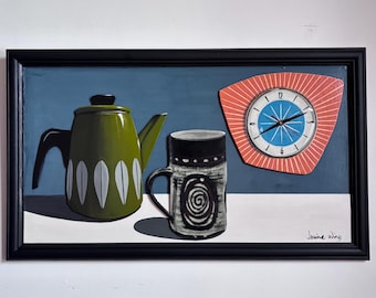 Retro Kitchen. Original painting. Acrylic on board. 29cm x 49.5cm
