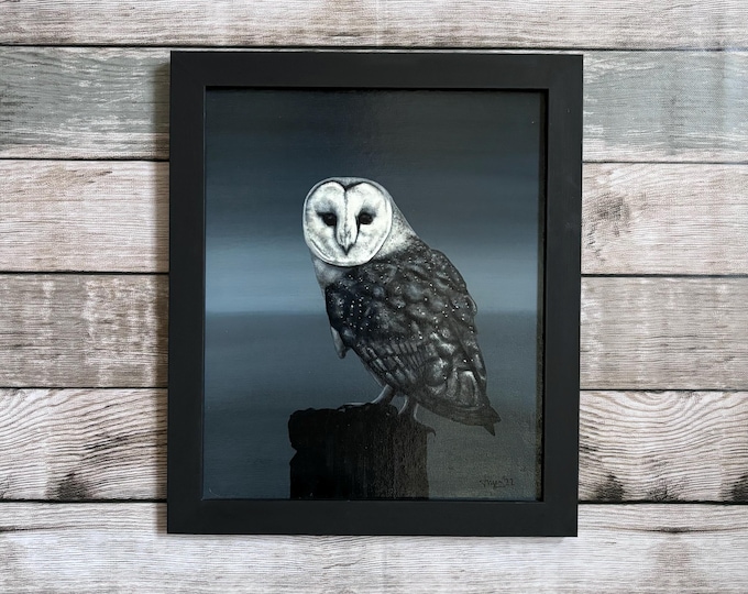 Barn Owl. Original painting. Acrylic on board. Framed 29.5cm x 34.5cm