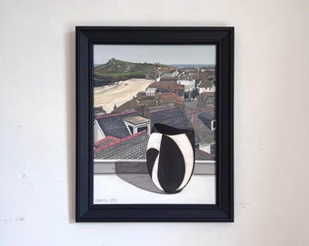 St Ives with John Ward Pot. Original painting on board. Framed 42.5cm x 34.5cm