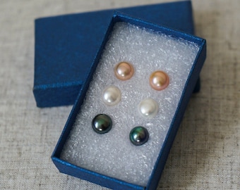 Freshwater Pearl Stud Earrings - Peach or White or Peacock Blue Pearl Jewelry - AspenTreeJewelry