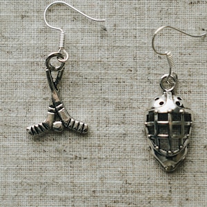 Mismatched Hockey Earrings - Antique Silver Hockey Sticks and Puck and Goalie Mask - AspenTreeJewelry