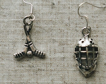 Mismatched Hockey Earrings - Antique Silver Hockey Sticks and Puck and Goalie Mask - AspenTreeJewelry