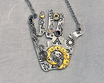Contemporary Silver and Gold Hamsa Necklace - Bohemian Hand Shaped Pendant - AspenTreeJewelry