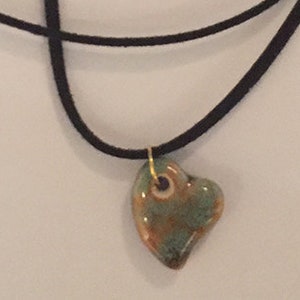 Light Green and Brown Porcelain Heart Pendant on Brown Suede Necklace, Puffed Heart Necklace, Ceramic Heart Pendant, Rustic Pendant