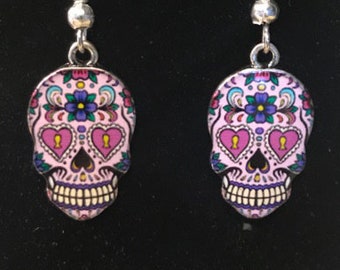 Día de los Muertos Multi-Color Skull Calavera Earrings - Flower and Heart Day of the Dead Painted Sugar Skull Jewelry - AspenTreeJewelry