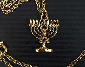 Gold Traditional Menorah Necklace - Celebrate Hanukkah with Jewelry - Gold Plated Chain with Lobster Claw Closure - AspenTreeJewelry