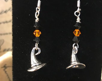 Witch's Hat with Black and Orange Swarovski Crystals Halloween Earrings - 3D Trick or Treating Earrings - Costume Party - AspenTreeJewelry