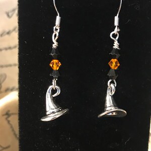 Witch's Hat with Black and Orange Swarovski Crystals Halloween Earrings - 3D Trick or Treating Earrings - Costume Party - AspenTreeJewelry