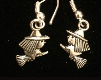 Halloween Jewelry - Tiny Witch Earrings - Double Sided Witch on Broom Charm - Antique Silver Halloween Earrings - AspenTreeJewelry