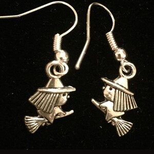 Halloween Jewelry - Tiny Witch Earrings - Double Sided Witch on Broom Charm - Antique Silver Halloween Earrings - AspenTreeJewelry