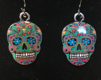 Día de los Muertos Multicolor Skull Calavera Earrings - Flower and Heart Day of the Dead Painted Sugar Skull Jewelry - AspenTreeJewelry