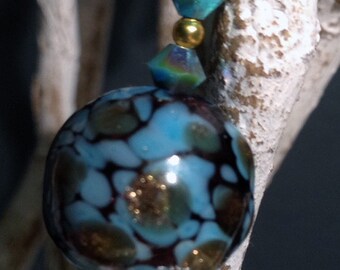 Lampwork and Swarovski Crystals Earrings - Turquoise and Gold Round Glass Lampwork Jewelry - AspenTreeJewelry
