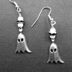 Spooky Ghost Earrings - Halloween Ghost Jewelry - Ghost Earrings with Howlite Gemstones and Black Swarovski Crystals - AspenTreeJewelry