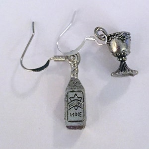 Mismatched Antique Silver Shabbat Kiddush Earrings - Kosher Wine Bottle Earring and Shabbat Kiddush Cup Earring - AspenTreeJewelry