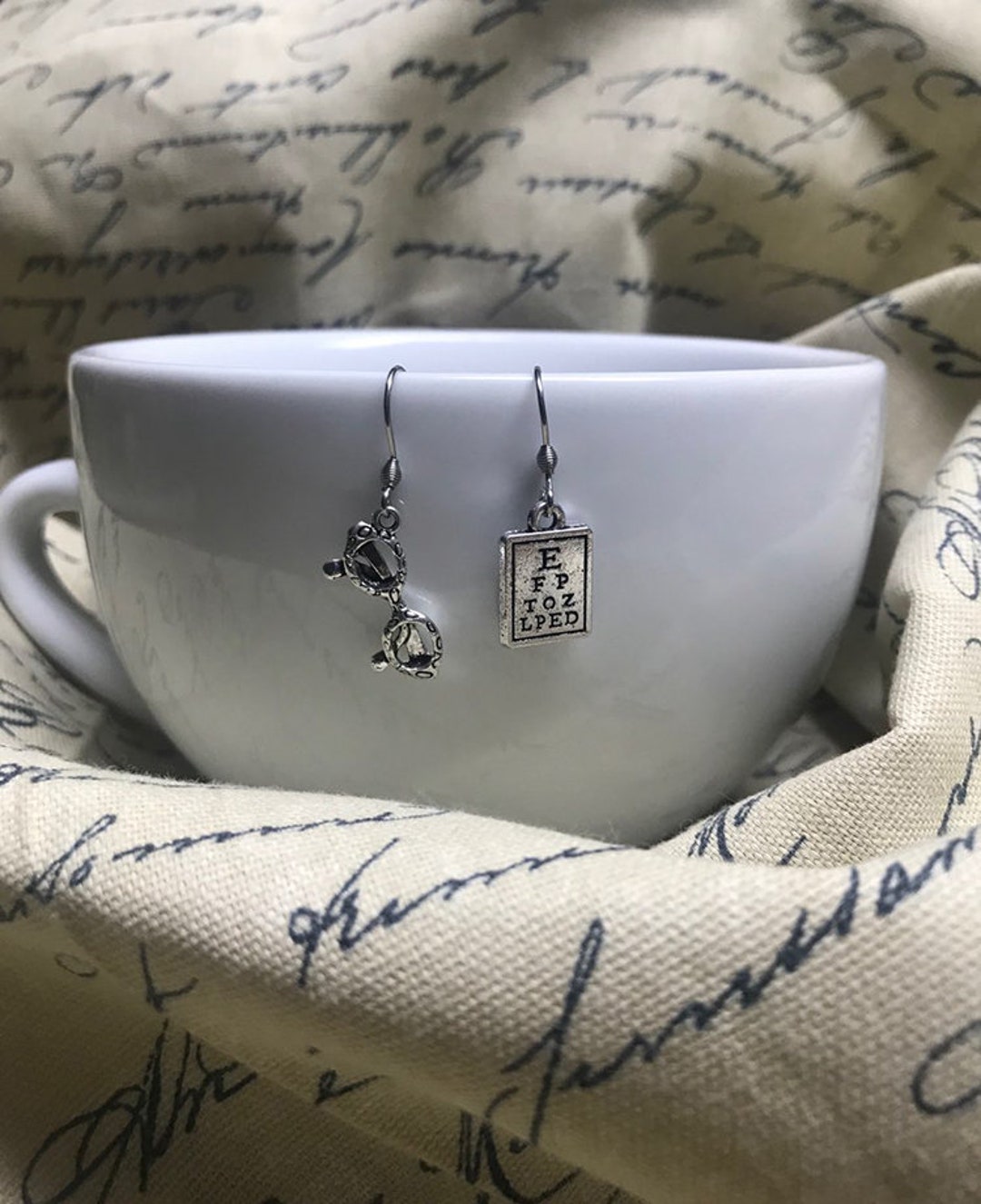 Optometry Jewelry Mismatched Antique Silver Eyeglasses and Snellen Eye