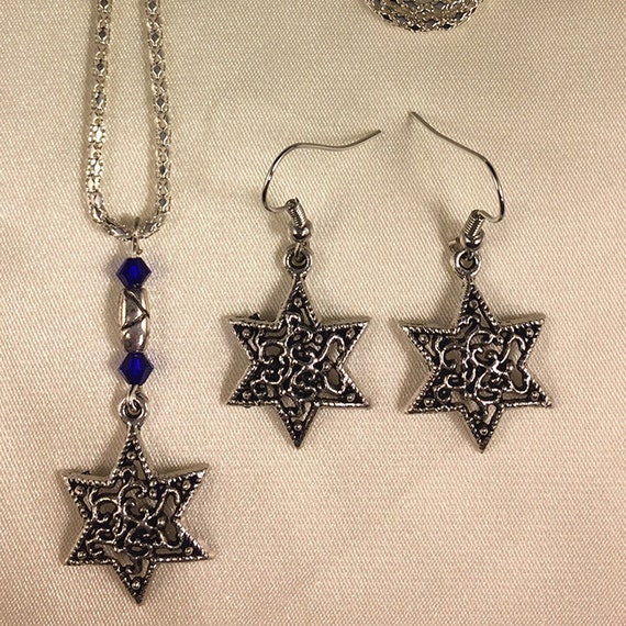 Filigree Jewish Star Necklace Earring Set, Oxidized Silver Magen David with Spacer and Swarovski Crystals, Star of David Dangle Earrings
