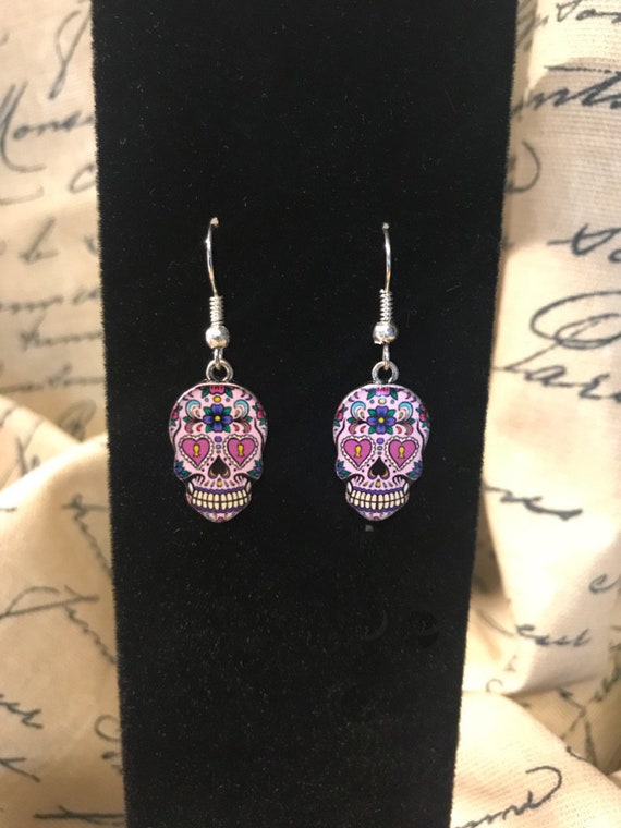 Día de los Muertos Multi-Color Skull Calavera Earrings - Flower and Heart Day of the Dead Painted Sugar Skull Jewelry - AspenTreeJewelry