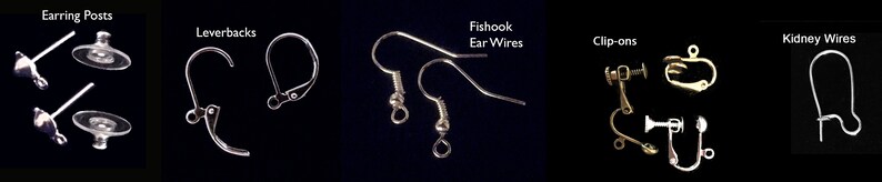 May include: A close-up view of different earring findings, including earring posts, leverbacks, fishhook ear wires, clip-ons, and kidney wires.