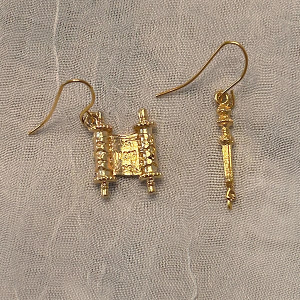 K'riat HaTorah Earrings, Mismatched Torah Scroll and Yad Jewish Jewelry, 3-D Judaica Torah and Yad Jewelry - AspenTreeJewelry