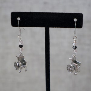 Wheelchair Earrings - Disability Earrings - Antique Silver Wheelchair with Clear and Black Swarovski Crystals - AspenTreeJewelry