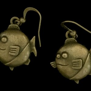 Smiling Piranha Earrings - Antique Bronze Fish Jewelry - Sea Life Earrings - AspenTreeJewelry