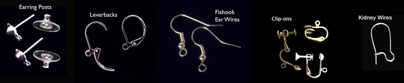 May include: A close-up view of different earring findings, including earring posts, leverbacks, fishhook ear wires, clip-ons, and kidney wires.