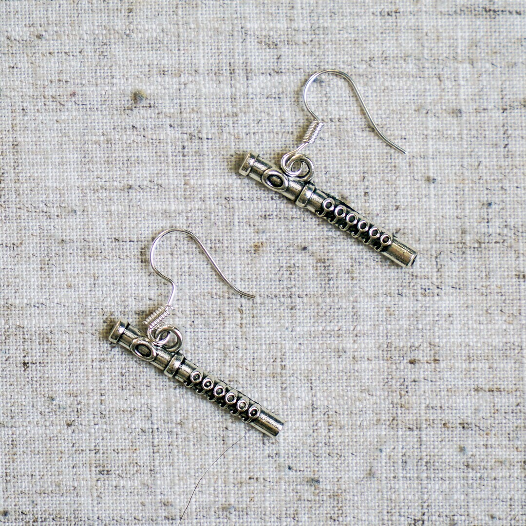 Antique Silver Flute Earrings Musical Instrument Jewelry Orchestra
