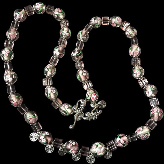 Pink Flower Lampwork Necklace; Pink Swarovski Cubes; Round Floral Lampwork Beads; OOAK Lampwork Necklace; Hand Beaded Lampwork Necklace