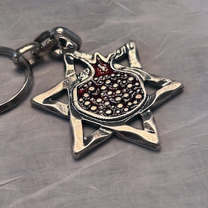 Unique Star of David and Red Pomegranate Necklace and Keychain - Double Sided Jewish Star Antique Silver Charm - AspenTreeJewelry