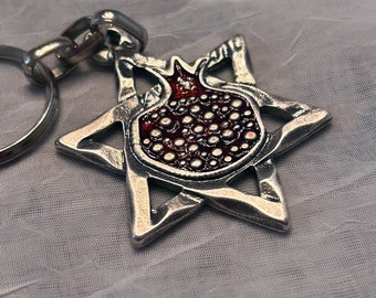 Unique Star of David and Red Pomegranate Necklace and Keychain - Double Sided Jewish Star Antique Silver Charm - AspenTreeJewelry