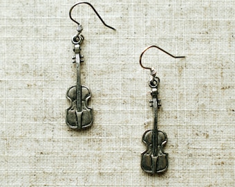 Pewter Violin Earrings - Musical Instrument Jewelry - Orchestra Earrings - AspenTreeJewelry