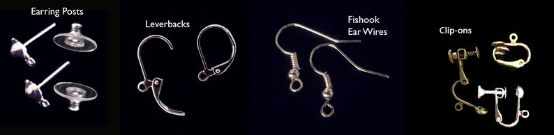 May include: A close-up of different earring styles, including earring posts, leverbacks, fishhook ear wires, and clip-ons.
