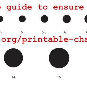 May include: A white chart with black round bead size examples, ranging from 2 to 20. Text at the top reads, "Please print out this size guide to ensure you pick the correct size." The URL for the bead size chart is also included.