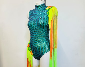 Neon sequin rhinestone dance festival bodysuit jumpsuit size 8