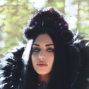 Black lace gothic couture headpiece-black lace /flower headband-gothic crown