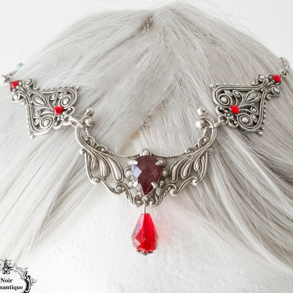 Silver  fantasy circlet with red gems-gothic circlet-silver circlet-fantasy circlet-gothic fantasy circlet-gothic headpiece-2in1 -necklace