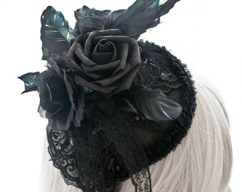 Black flower and feathers fascinator-gothic fasscinator-feather fascinator-fascinator-wgt