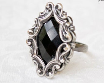 Silver Victorian Gothic Black Ring-Victorian Gothic Ring-Victorian Gothic Jewelry- Adjustable ring-Ring with gem