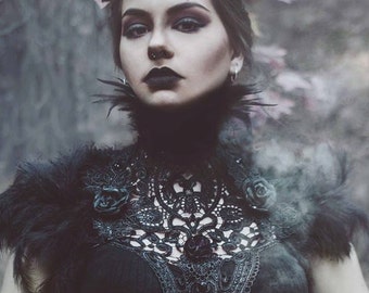 Black roses lace and feather collar-feather neckpiece-feather collar-lace and feather neck/shoulder piece-gothic collar-gothic chestpiece