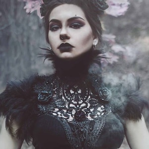 Black roses lace and feather collar-feather neckpiece-feather collar-lace and feather neck/shoulder piece-gothic collar-gothic chestpiece