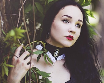 Gothic black and white leather cameo neck collar-gothic collar-gothic choker-choker-collar-cameo choker