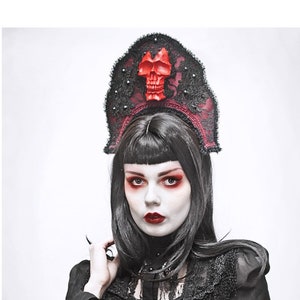 Santa Sangre gotischen Kokoshnik-schwarz/rot Schädel Kopfstück Wgt Gothic Kopfschmuck-Kopfschmuck