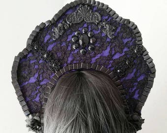 Elegant gothic ornamental kokoshnik-gothic headpiece-Wgt-Gothic headpiece-blck and purple lace headpiece