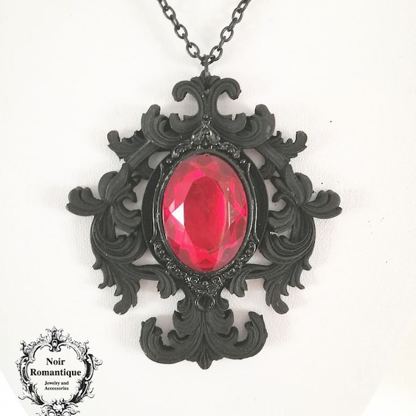 Black gothic resin necklace with ruby gem-gothic ornate necklace-gothic pendant-vampire necklace