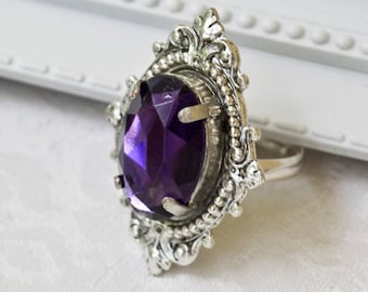 Victorian Gothic Silver Ornate Adjustable Ring with amethyst jewel -Victorian Gothic Ring-Gothic Ring- Ring