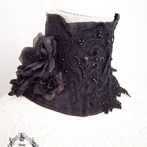 Royal black neck corset-black gothic taffeta and lace neck corset-wgt-neck corset