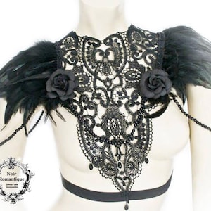 Haute goth lace and feather collar/harness-feather harness-feather collar-lace and feather neck and shoulder piece-feather harness-harness