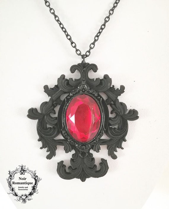 Black Gothic Resin Necklace With Ruby Gem gothic Ornate Necklace