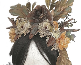 Dead nature gothic pagan headpiece-gothic raven skull headpiece-gothic headpiece-flower headband