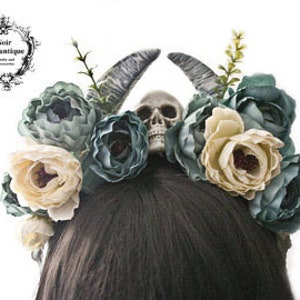 Gothic flower horn and skull headband-gothic skull headpiece-  flower headpiece-skull headpiece-horn headpiece-ready to ship